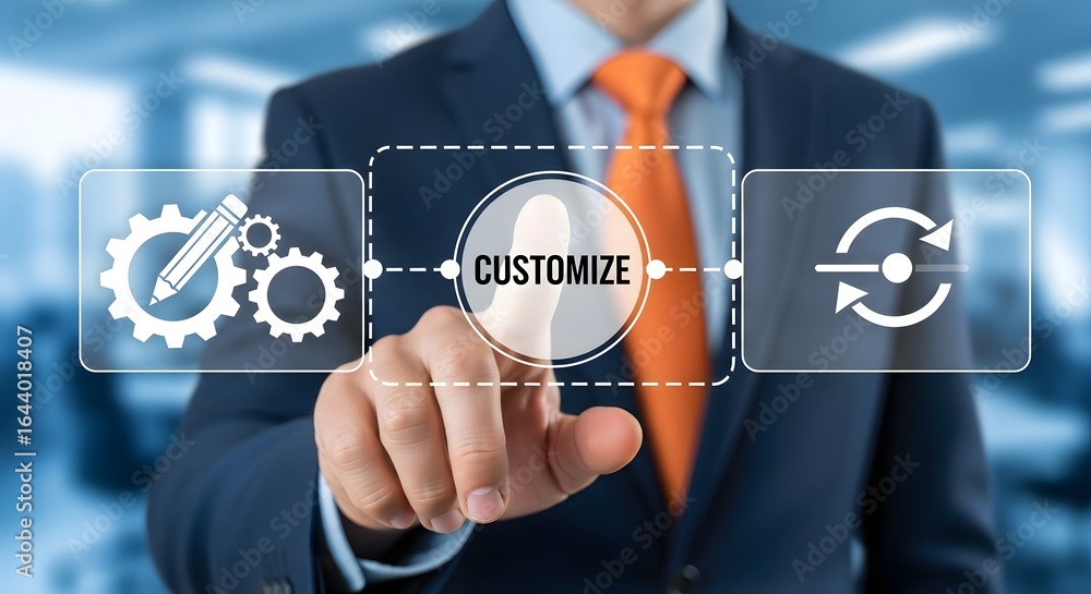Aufkleber businessman in suit touching screen with 'customize' button, symbolizing personalization and workflo