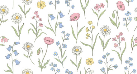 Delicate seamless pattern with hand-drawn meadow wildflowers. Botanical vector illustration with poppy, daisy, and bluebell flowers.