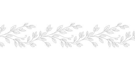 Seamless horizontal border with elegant hand-drawn leaves. Vector botanical line art of a delicate vine pattern for decoration.