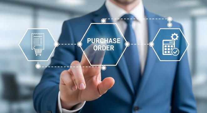 Businessman interacting with digital interface showcasing purchase order process with icons for shopping cart, order confirmation, and calculation - Powered by Adobe