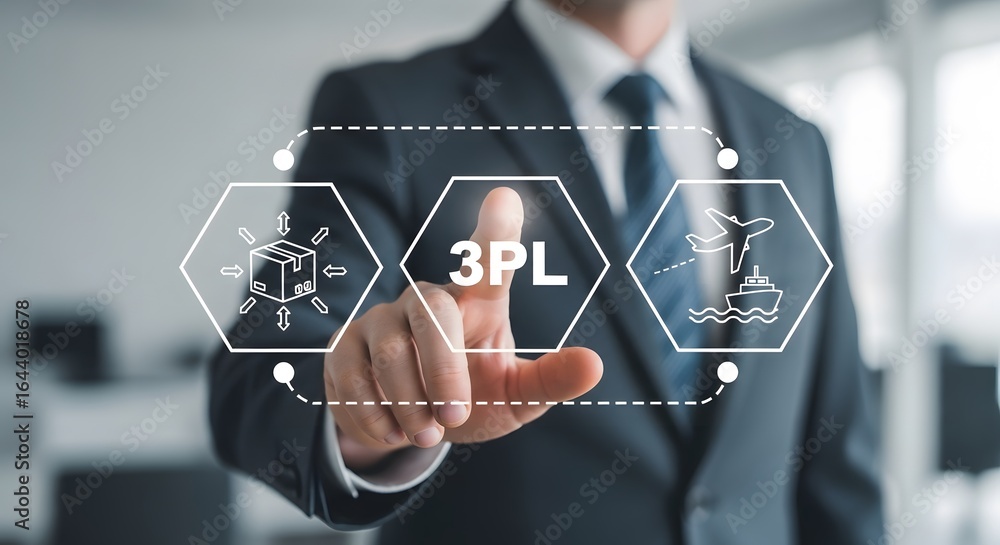 Poster business professional interacts with a logistics network diagram showing third-party logistics and t