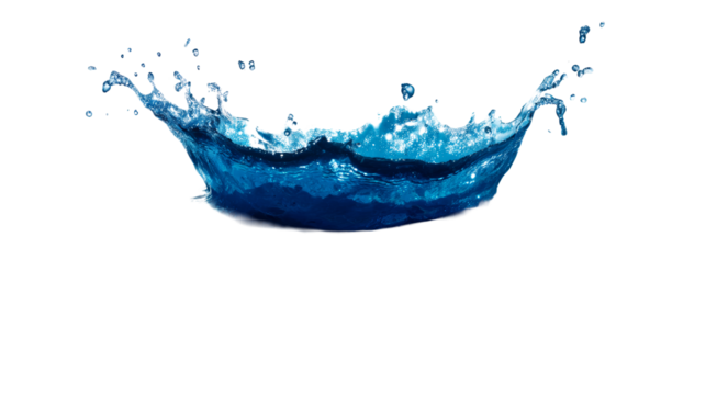 Dynamic blue water splash frozen in motion with fine droplets