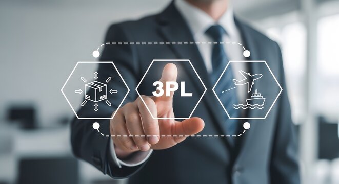 Business professional interacts with a logistics network diagram showing third-party logistics and transportation methods for efficient supply chain management.