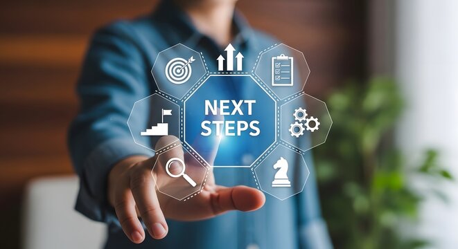 Person planning future success by touching 'Next Steps' graphic with icons for goals, tasks, strategy, and progress, visualizing business development.