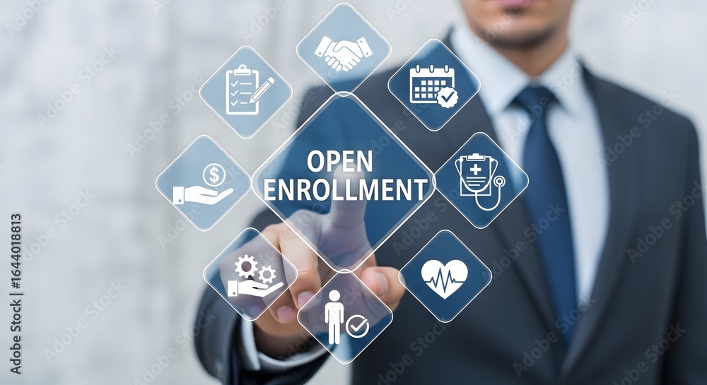 Poster professional businessman interacts with digital interface displaying open enrollment benefits and he
