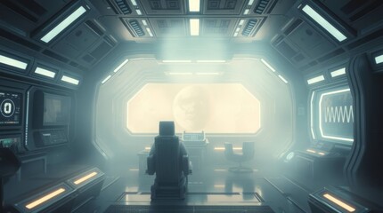 Interstellar Voyager: An astronaut, silhouetted in the dimly lit cockpit of a futuristic spaceship, gazes out at a celestial wonder through a large, illuminated window.
