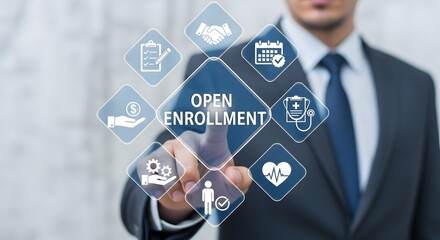 Professional businessman interacts with digital interface displaying Open Enrollment benefits and healthcare icons, signifying smart choices.