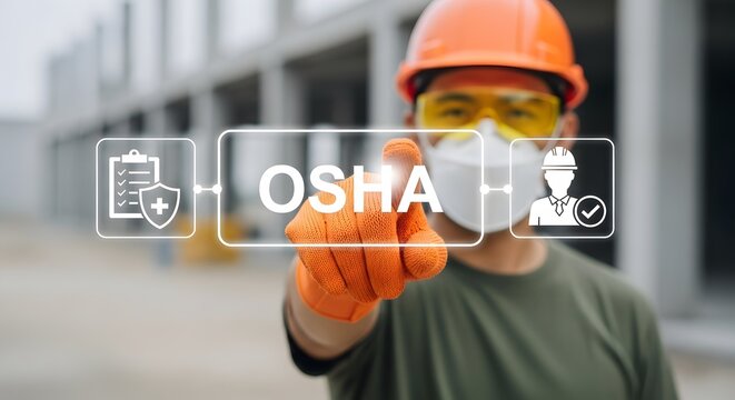 Dedicated worker in safety gear interacts with OSHA compliance interface, ensuring workplace safety and standards adherence for secure operations.