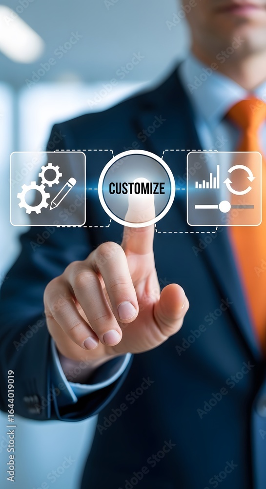 Poster professional businessman presses a glowing 