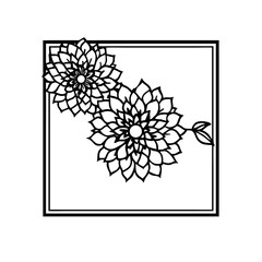 Elegant square frame with a dahlia floral corner. Black and white line art of flower blossoms creating a minimalist botanical wreath design for invitations or crafts.