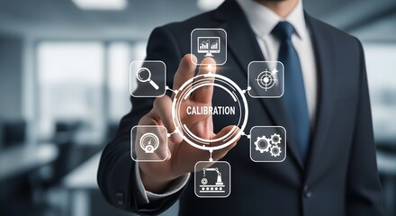 Professional businessman interacting with digital interface showcasing calibration process and key performance indicators for business success and accuracy