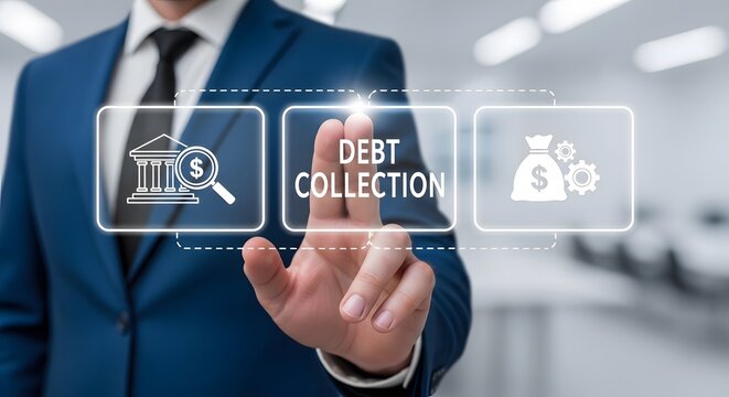 Professional businessman interacts with debt collection interface, symbolizing financial recovery and strategic management in a modern business setting.