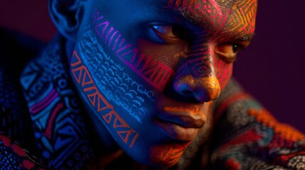 Vibrant Editorial Portrait of a Young Man with Neon Face Paint and Geometric Designs