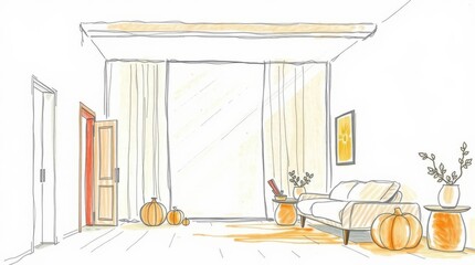 Cozy Room Sketch: a charming interior sketch showcasing an inviting living space with a sofa and a large window, featuring a hint of homey decor.