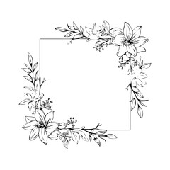 Elegant Lily Floral Square Frame Wreath A Delicate Black and White Vector Design for Invitations and Cards