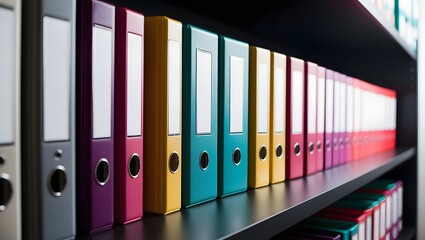 Close-up of colorful binder spines on an office shelf, with selective focus, archiving concept.