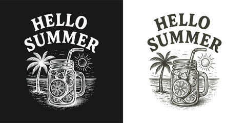 Obraz premium Hello Summer Vintage Lemonade Beach Palm Retro Tropical Drink Design