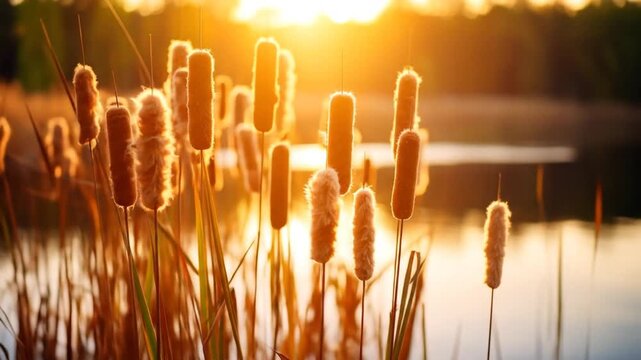 Fluffy cattails bathed in golden sunset light over a tranquil pond