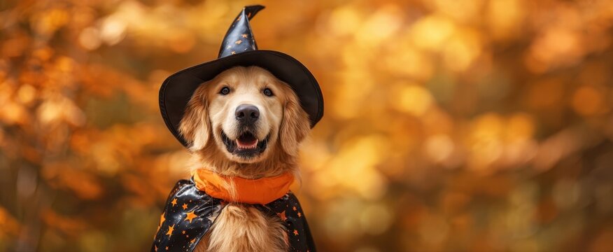 The smiling golden retriever in a witch costume against autumn foliage.