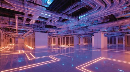 Modern Liquid Cooled Server Room with Transparent Pipes and Ambient Lighting for Optimal Data Center Performance