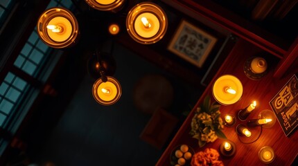 Candlelit Gathering: An artistic overhead perspective captures a warm and inviting scene, with numerous candles casting a gentle, golden light upon a gathering table.
