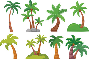 PrintCartoon palm trees vector, tropical jungle plants, coconut tree illustration, summer island nature, green foliage clipart, exotic forest design