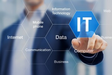 Business professional interacting with technology and data concepts through digital interface in modern IT environment