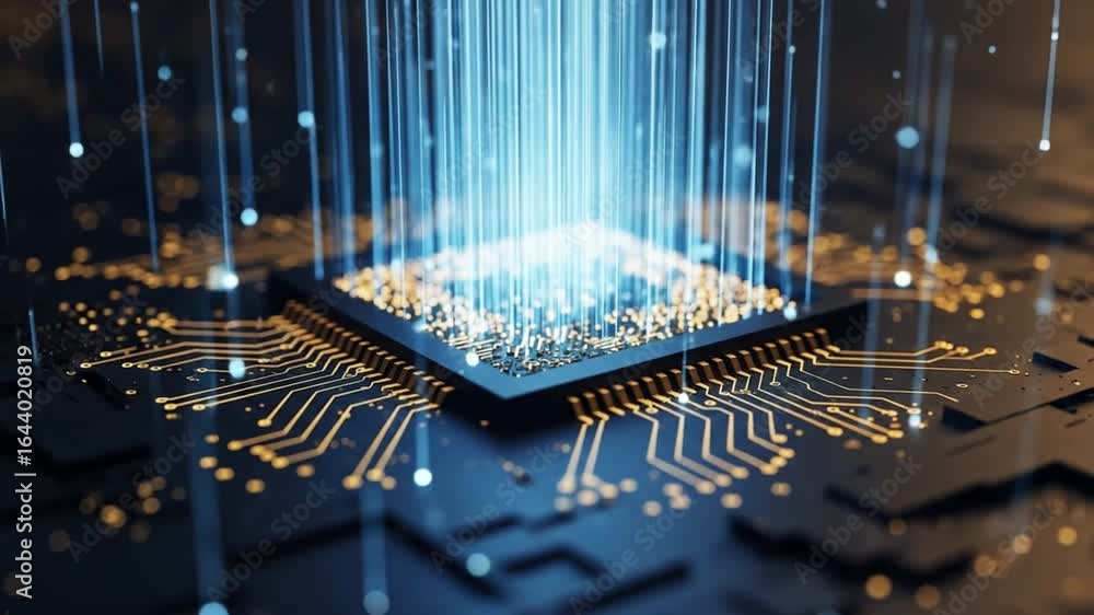 Poster blue lit central processing unit microchip on a dark circuit board illustrating modern technology in