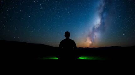 Fototapeta premium Stargazing Serenity: A solitary figure is silhouetted against a breathtaking night sky, illuminated by the radiant glow of the Milky Way and the serene sparkle of countless stars.