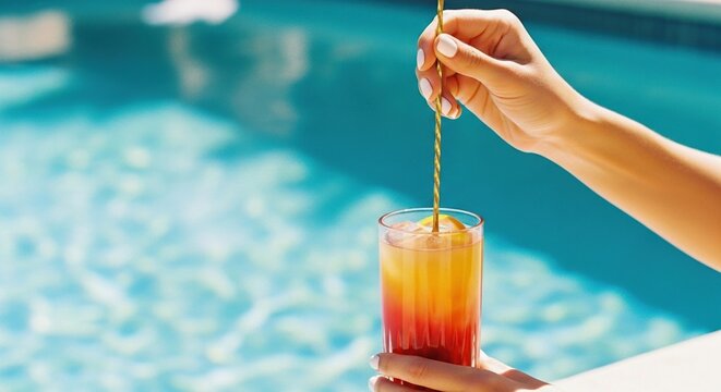 Refreshing tropical cocktail with bright layers of orange and red served poolside, evoking summer vacation vibes and luxurious lifestyle travel moments
