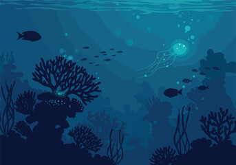 Underwater Silhouettes of Coral Reefs and Jellyfish with Small Fish Swimming in the Deep Blue Ocean with Bubbles and Sunlight