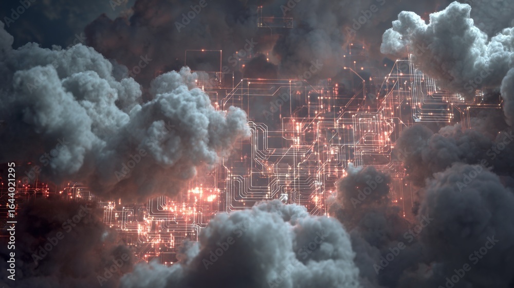 Poster glowing data nodes in a post-apocalyptic environment with renewable energy concepts and cloudy backg