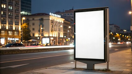 An Empty White Billboard On The Street With Blur City Bokeh Background