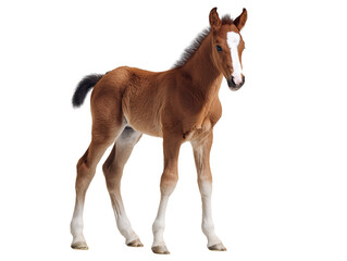 Obraz premium Beautiful young brown foal with white markings stands against black background