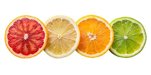 Obraz premium Four colorful citrus fruit slices including grapefruit, lemon, orange, and lime, isolated on transparent background