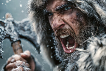 Ancient Viking warrior shouting in battle, icy northern landscape, fur cloak and detailed axe, cinematic angle.