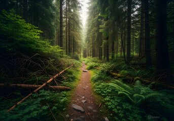 Obraz premium Sunbeams filtering through tall pine trees in dense forest with soft mist and golden highlights creating a serene morning atmosphere