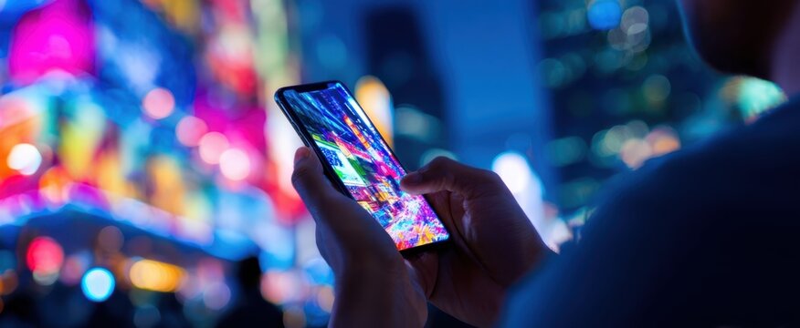 The smartphone illuminated by vibrant city lights at night. - Powered by Adobe