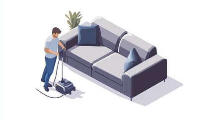 A professional cleaner steam cleaning a sofa. Isometric design for advertising furniture and upholstery cleaning services.