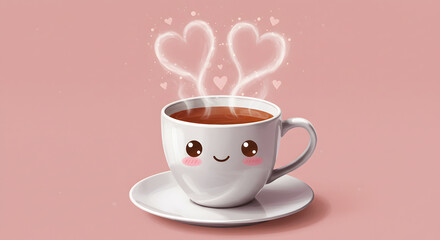 Cute Style Kawaii Tea Cup with Heart Shaped Steam Illustration