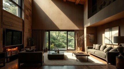 Serene Interior Sanctuary: A sun-drenched living room, an oasis of comfort and style. Natural light streams in, illuminating the elegant space, cozy and inviting.