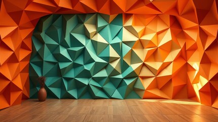 Geometric wall: A creative blend of color and form where geometric panels merge, creating a unique design, this abstract view explores texture, light, and the balance of a modern space. 
