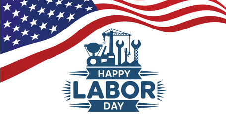 Happy Labor Day illustration with American flag, tools, and helmet — honoring U.S. workers with patriotic and festive design