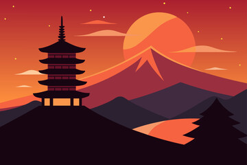 Serene Japanese Sunset Mount Fuji Pagoda Landscape Illustration