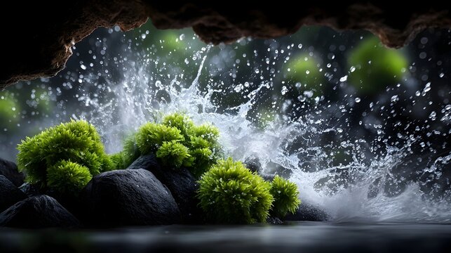 Cave waterfall splashing mossy rocks, nature scene