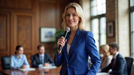 Businesswoman in blue suit holding microphone and speaking to colleagues in a bright office, illustrating corporate presentation and leadership
