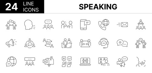 Collection of 24 Speaking, line icons featuring editable strokes. These outline icons depict various modes of Speaking, talk, speech, chat, vector, speaking, person, head, symbol, mouth, people, 