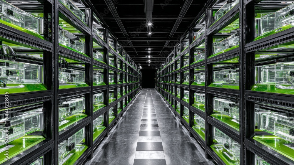 Poster futuristic data center with transparent coolant tanks and server racks for enhanced server cooling t