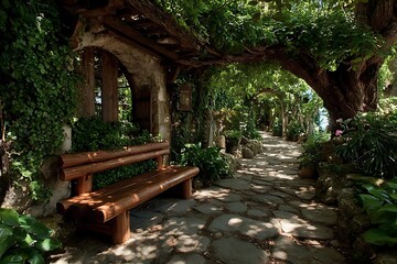 Relaxing bench corner in shady garden retreat high resolution picture