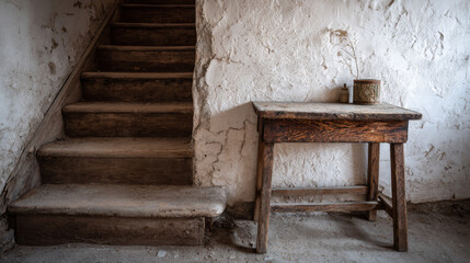 Small old wooden table placed beside staircase indoors